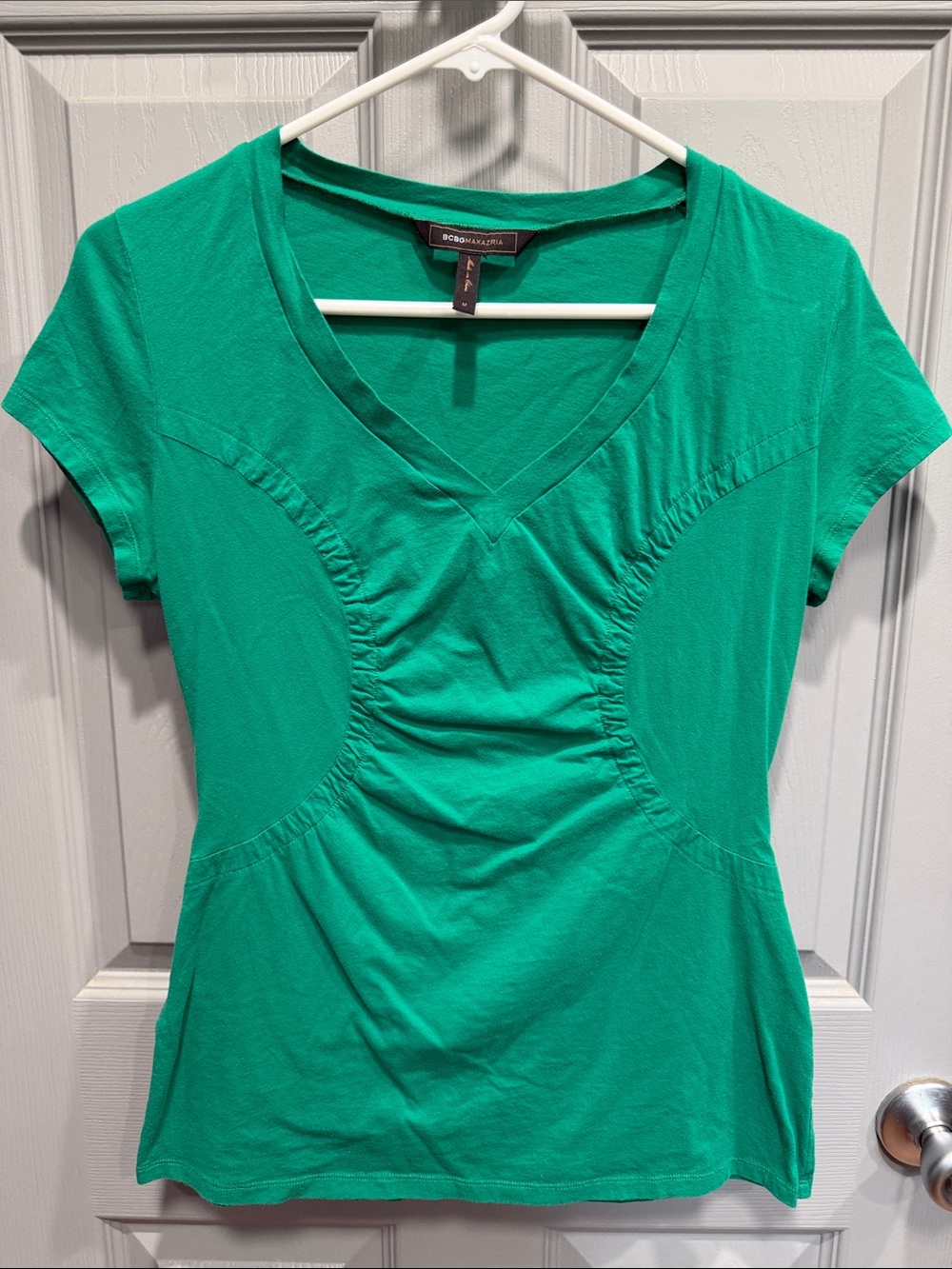BCBGMaxAzria Emerald Green V-Neck Ruched Short Sleeve Top